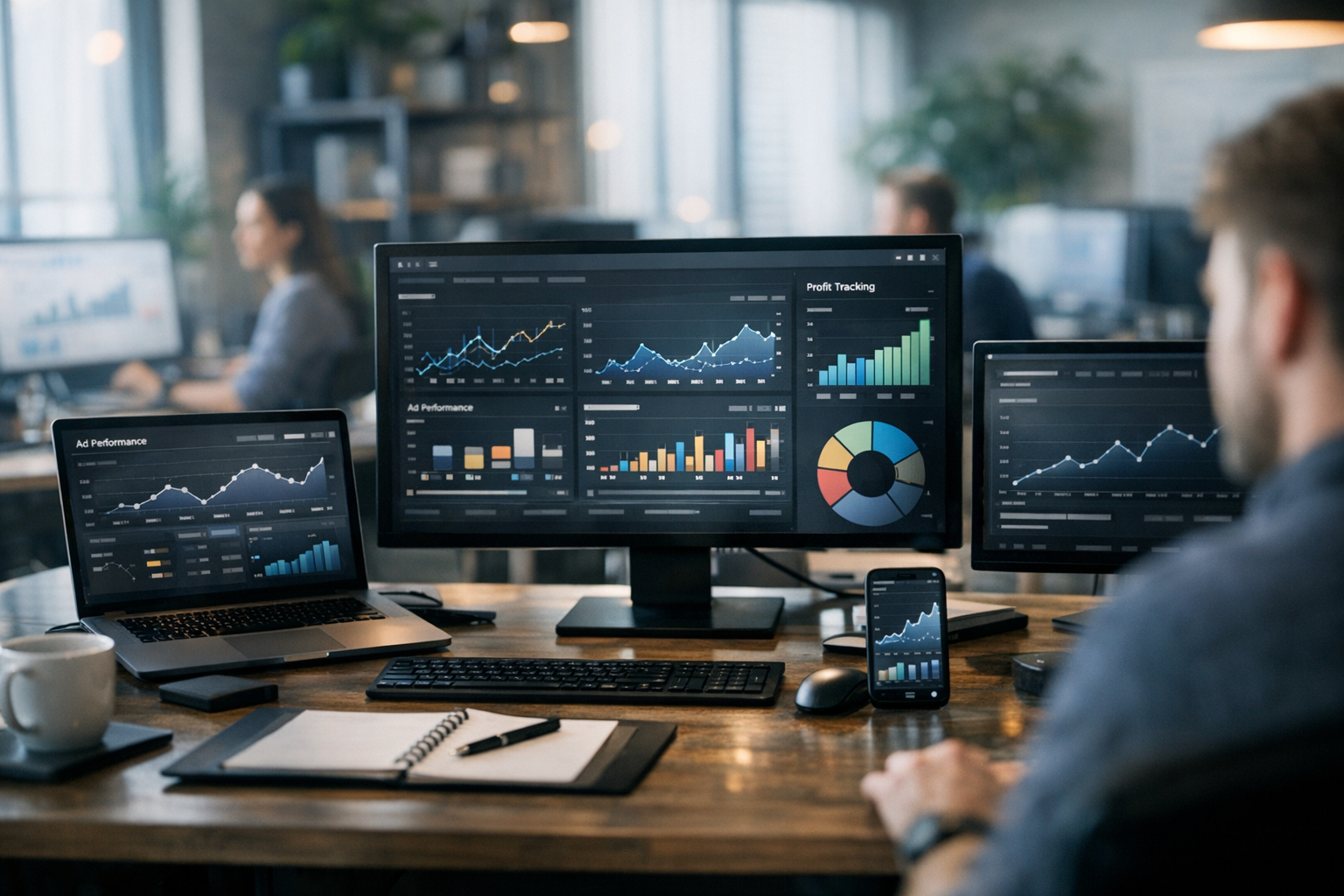 E-commerce agency workspace with multiple screens showing analytics and profit tracking data. E-commerce agency workspace with multiple screens showing analytics and profit tracking data.
